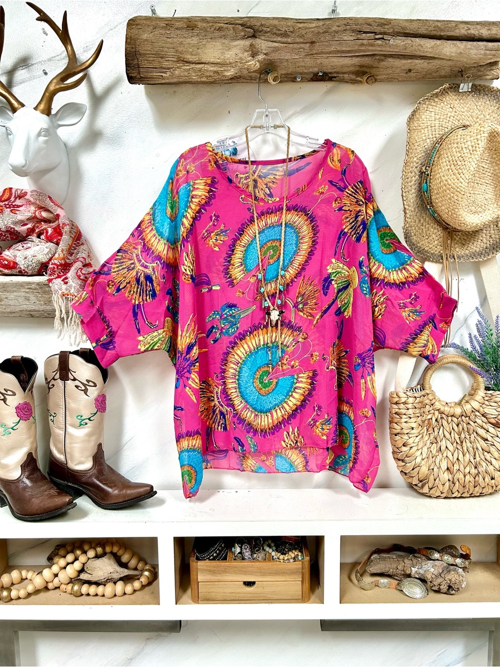 Feather Medallion Dolman boho pink Blouse/cover up resort vacay native vibe